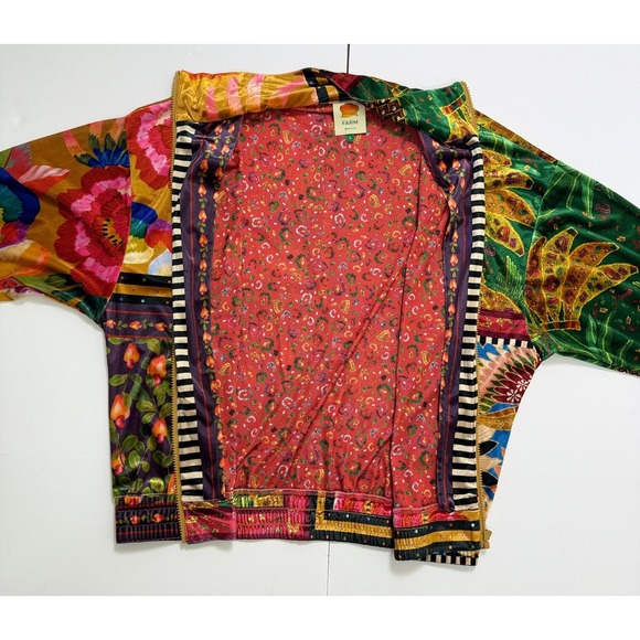 FARM Rio "Mixed Scarves" Velour Bomber Jacket Women's S Tropical Patchwork - Picture 11 of 16